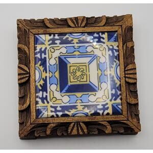Vintage Mexican Blue Yellow Ceramic Trivet Tile Carved Wood Boho Decor
